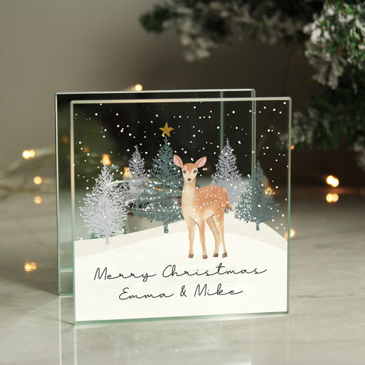 Personalised Christmas Deer Glass Tea Light Candle Holder