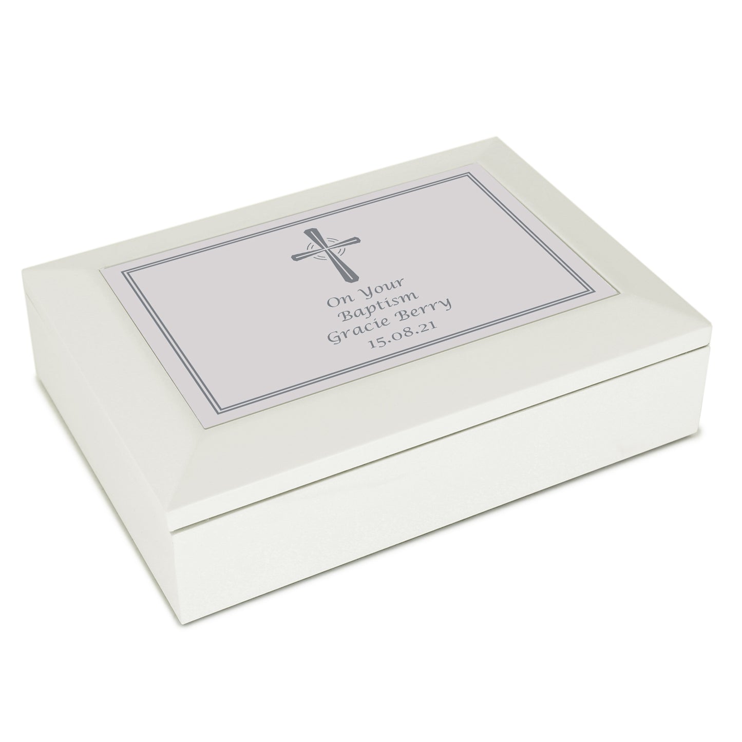 Personalised Silver Cross White Wooden Keepsake Box