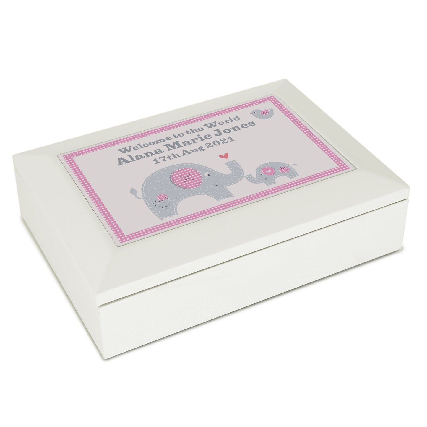 Personalised Pink Baby Elephant White Wooden Keepsake Box