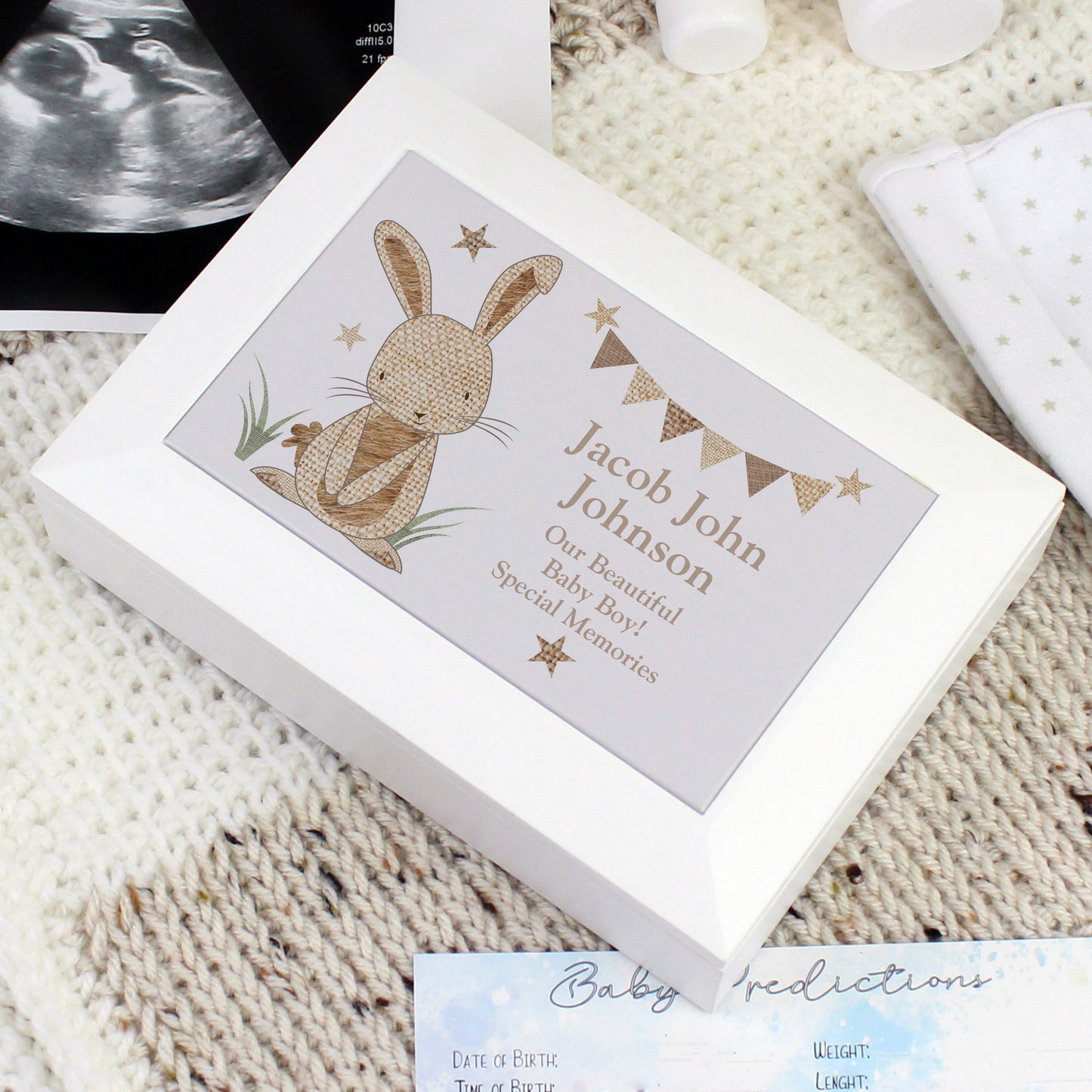 Personalised Hessian Rabbit Wooden Jewellery Box