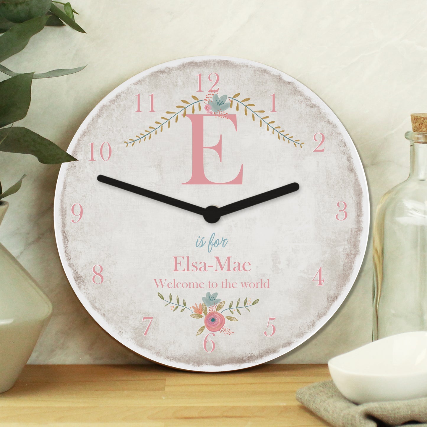 Personalised Floral Bouquet Shabby Chic Large Wooden Clock