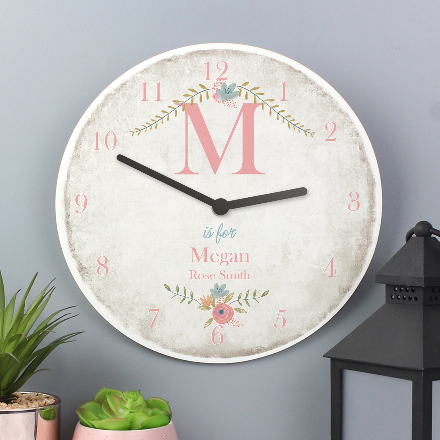 Personalised Floral Bouquet Shabby Chic Large Wooden Clock