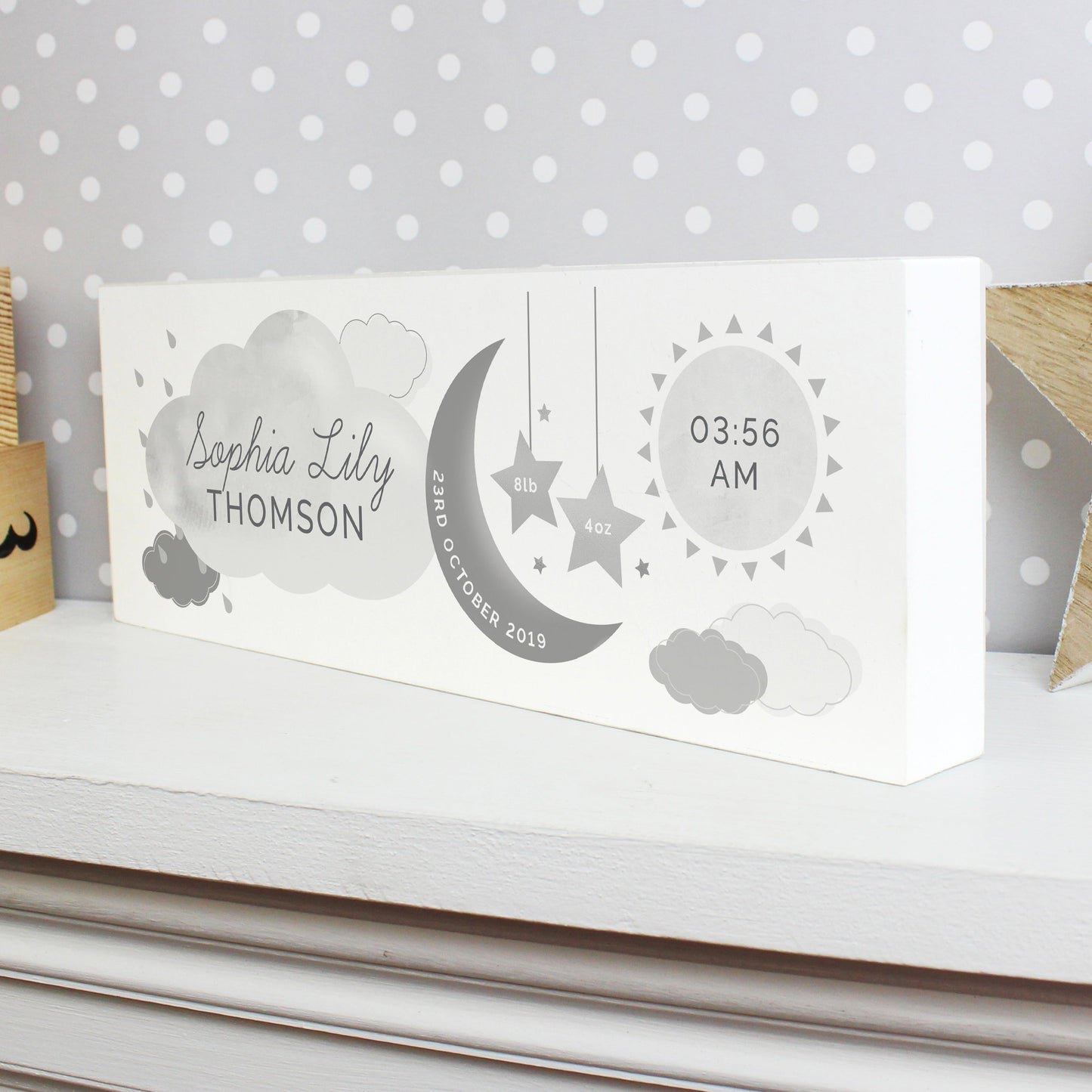 Personalised New Baby Moon & Stars Wooden Block Nursery Sign