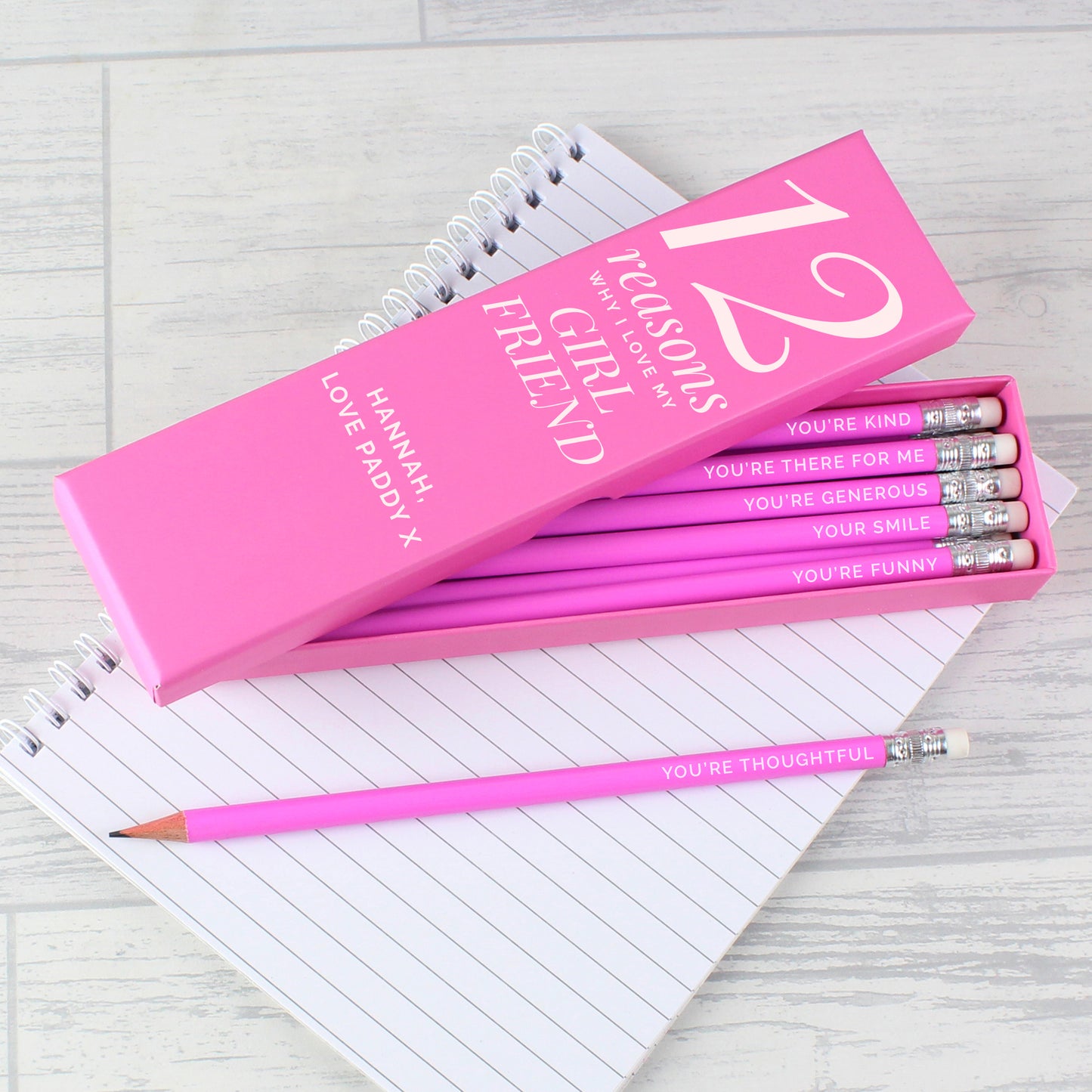 Personalised 12 Reasons Box and 12 Pink HB Pencils