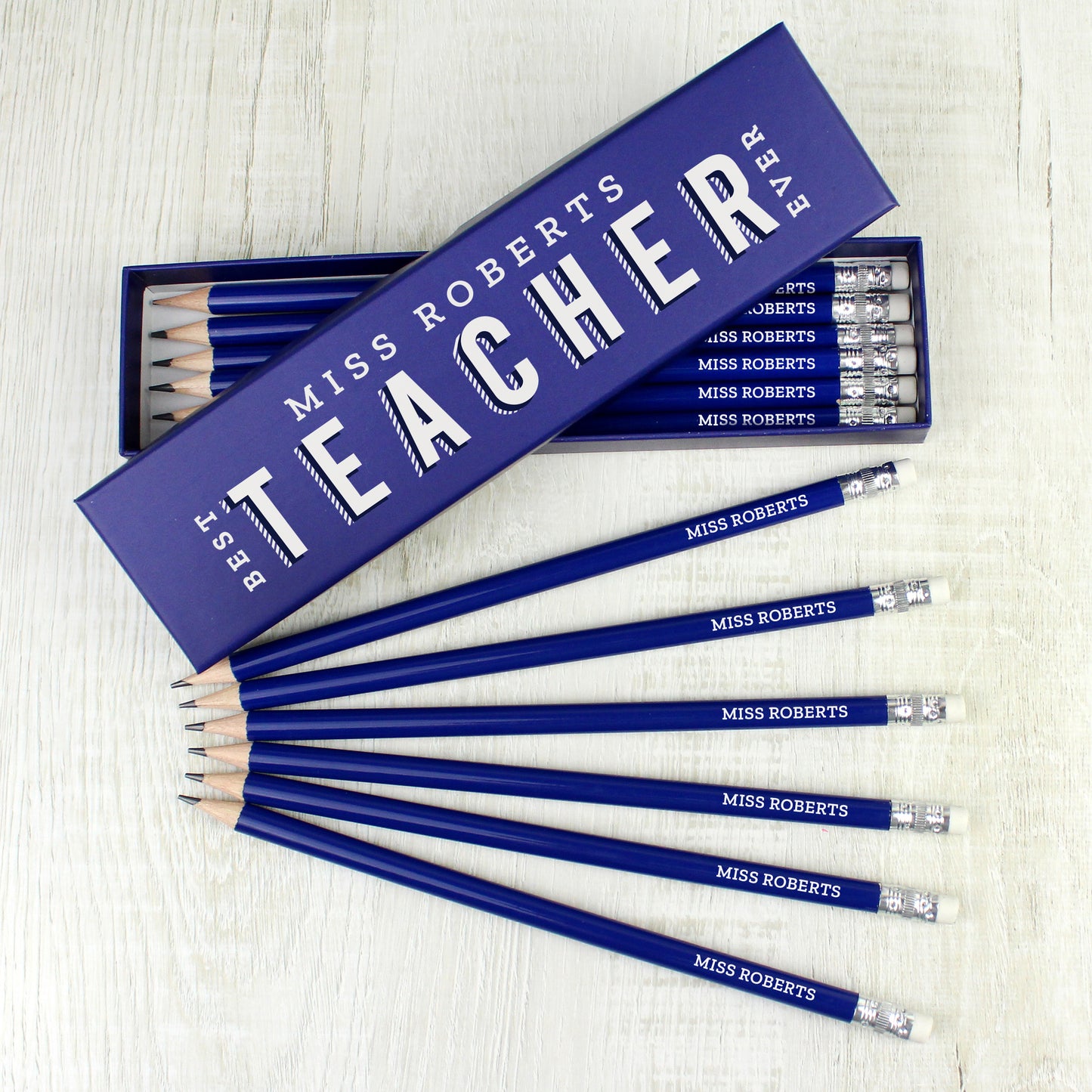 Personalised Best Teacher Ever Box and 12 Blue HB Pencils