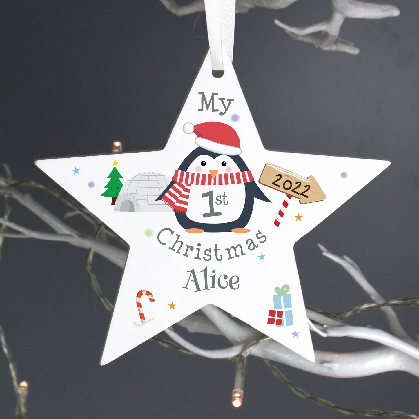 Personalised 1st Christmas Penguin Wooden Star Decoration