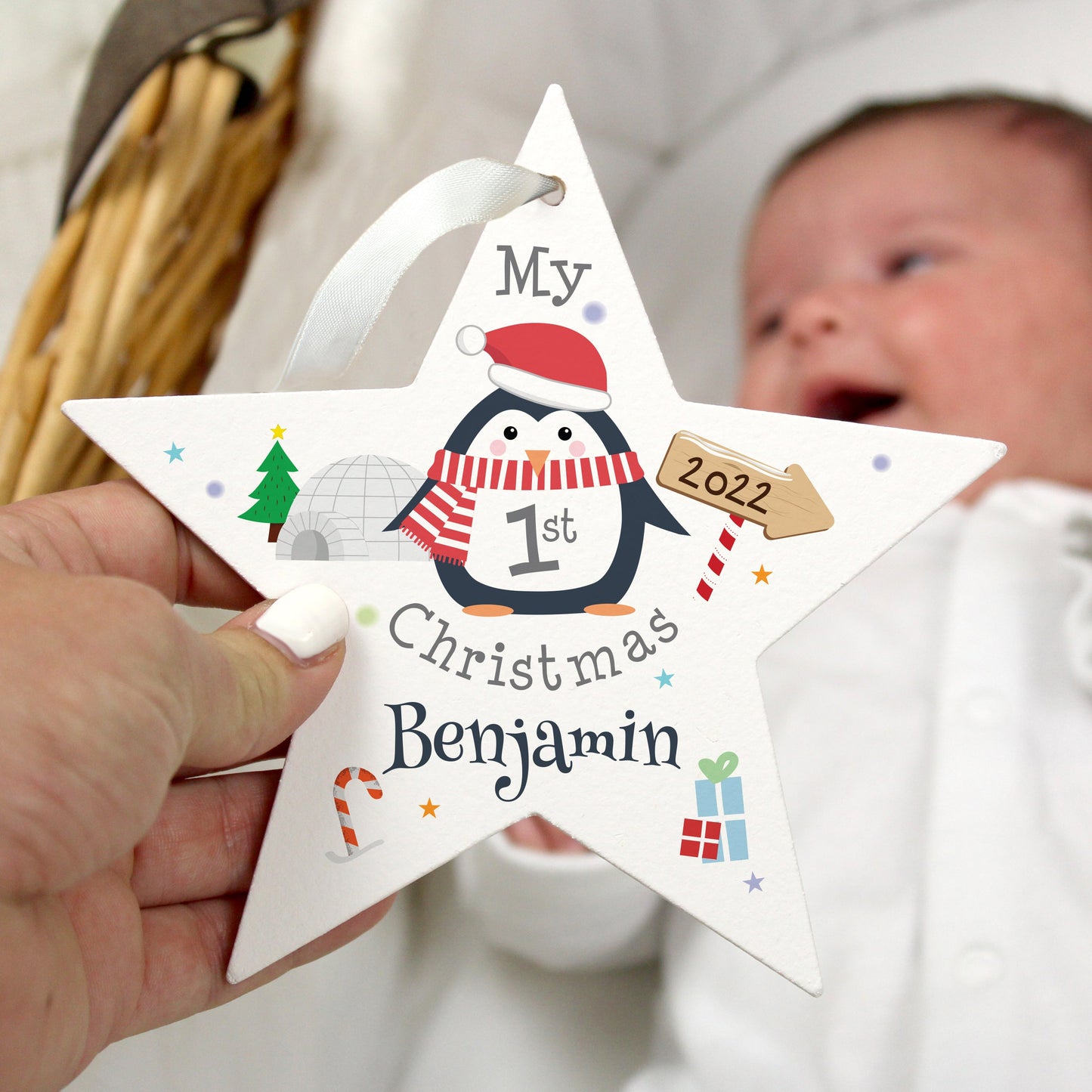 Personalised 1st Christmas Penguin Wooden Star Decoration