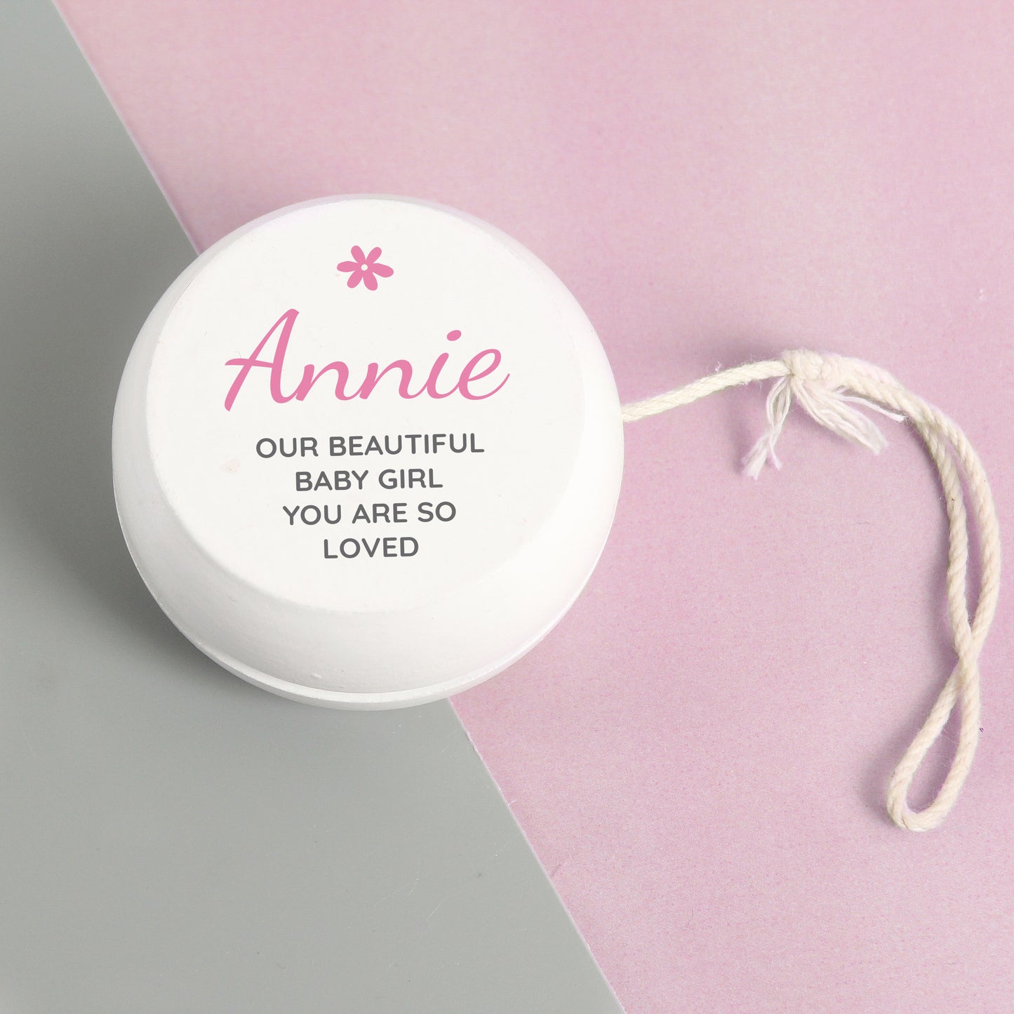 Personalised Pink Flower White Wooden Yoyo