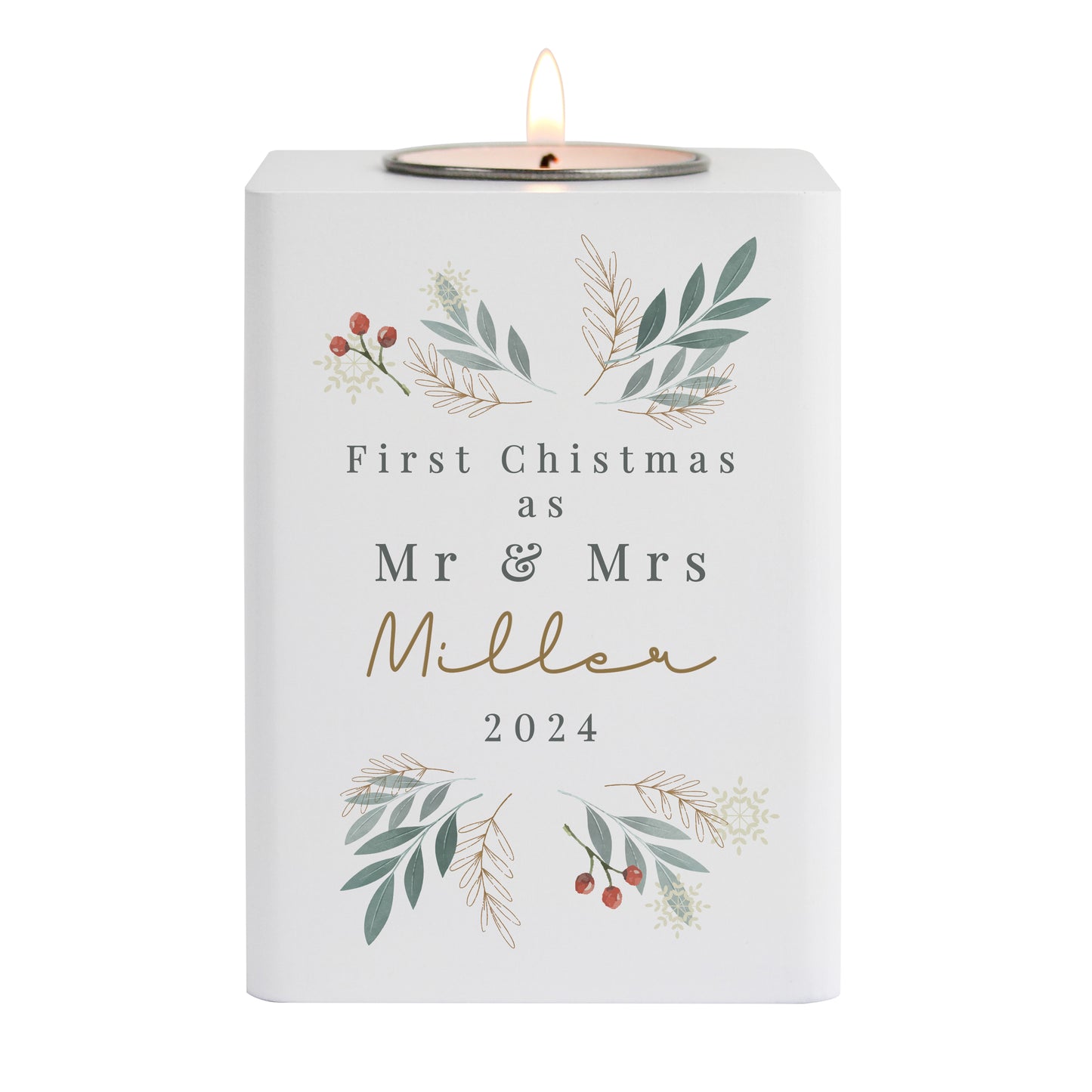 Personalised Christmas Foliage White Tealight Holder