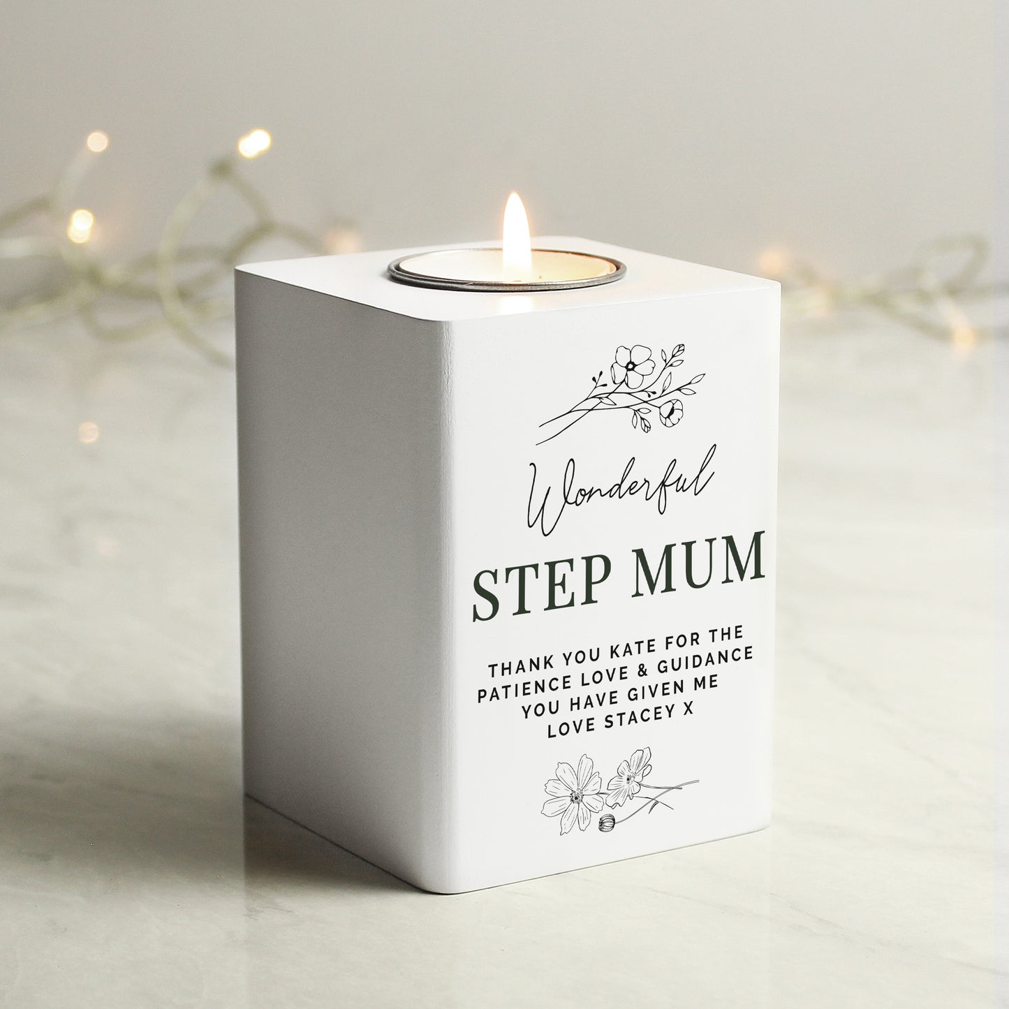 Personalised Floral White Wooden Tea light Holder