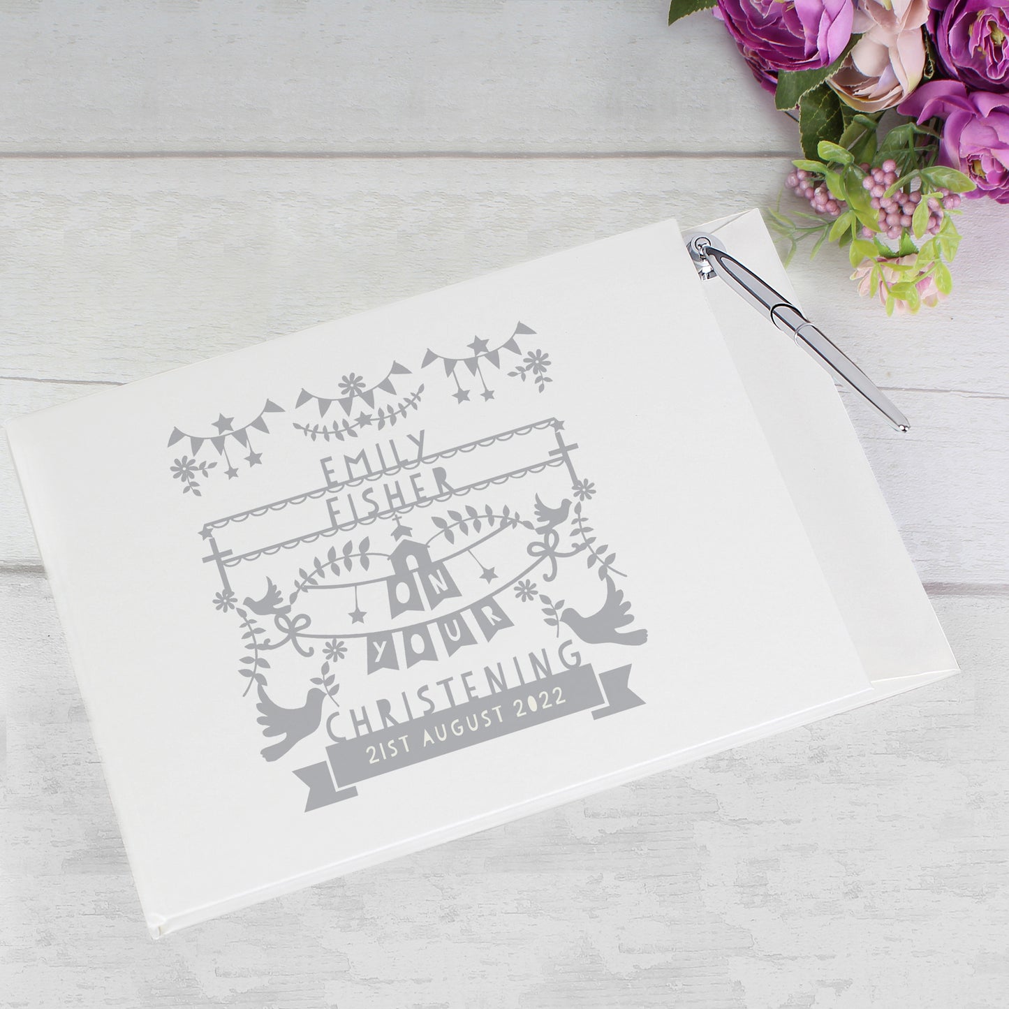 Personalised Grey Papercut Style Hardback Guest Book & Pen