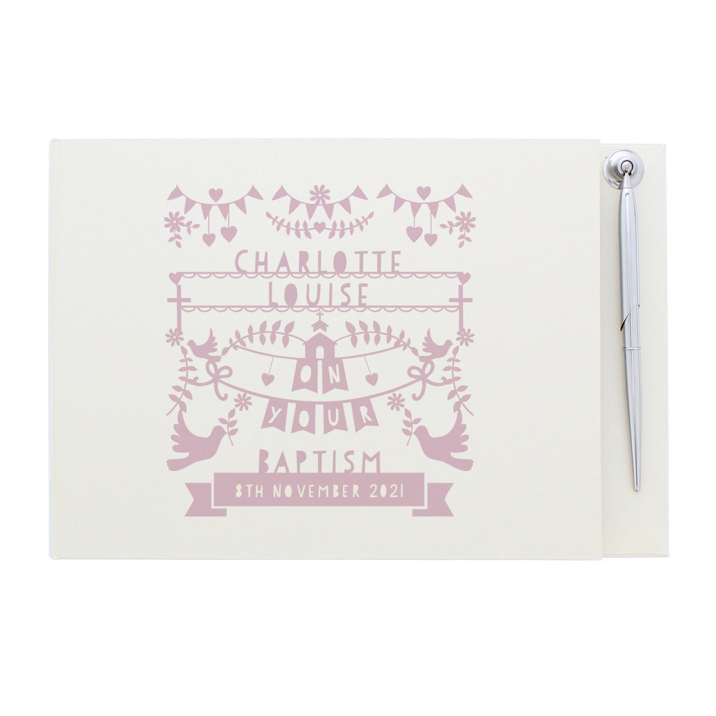 Personalised Pink Papercut Style Hardback Guest Book & Pen