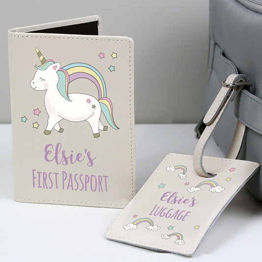 Personalised Baby Unicorn Cream Passport Holder & Luggage Tag Set