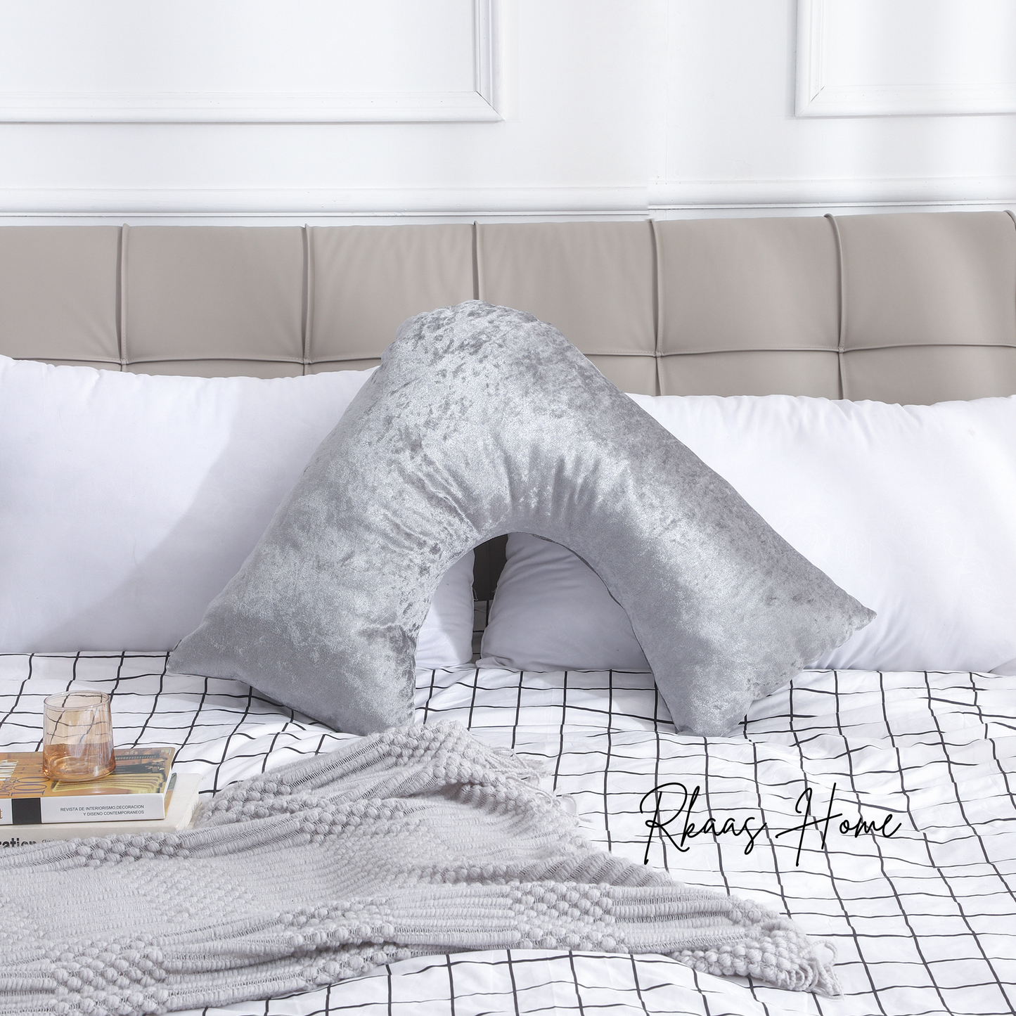 V Shaped Super Crushed Ice Velvet Cushion Cover - Silver Grey & Champagne - Outer leg 66cm (26"), Inner leg 36cm (14"), Width 33cm (13")-2