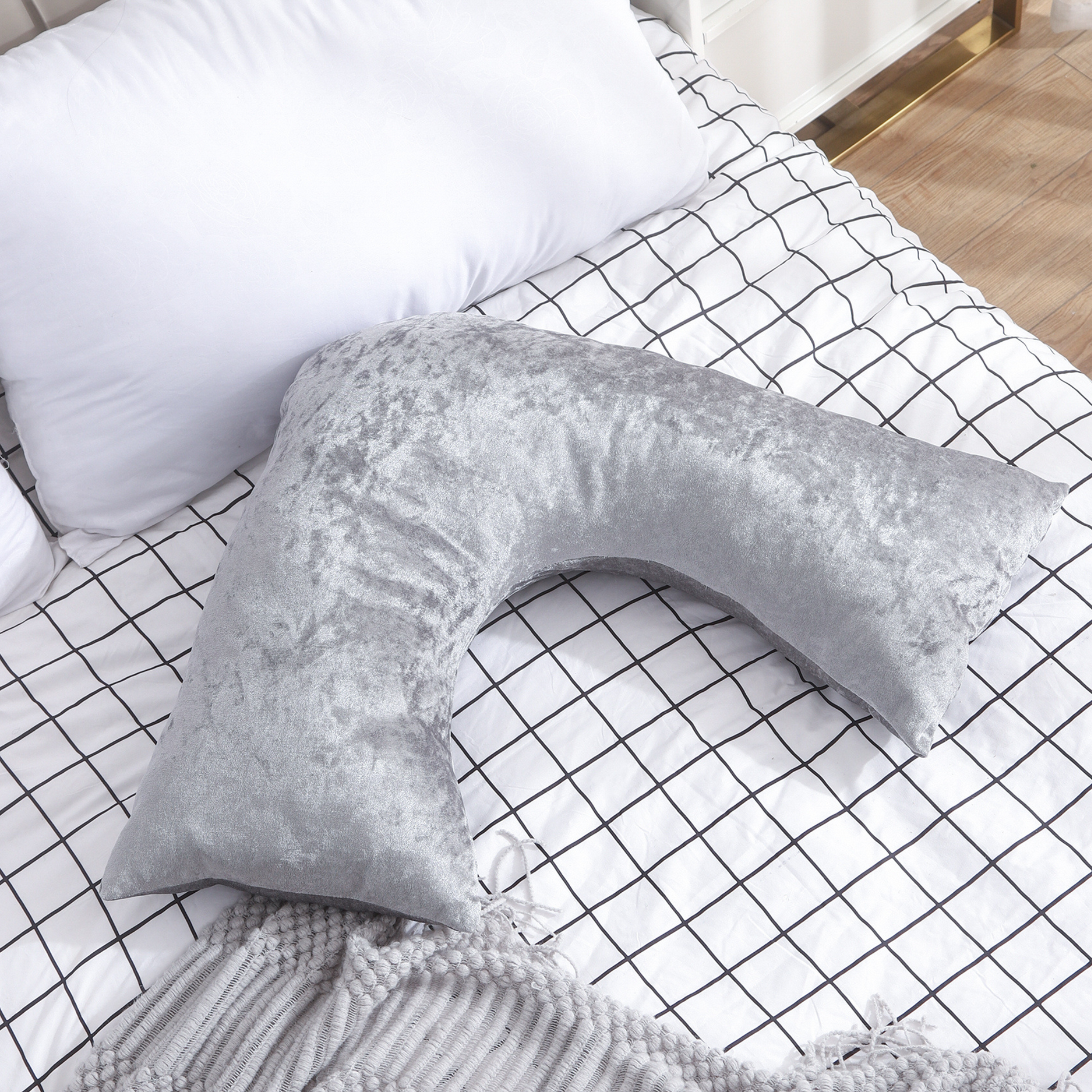 V Shaped Super Crushed Ice Velvet Cushion Cover - Silver Grey & Champagne - Outer leg 66cm (26"), Inner leg 36cm (14"), Width 33cm (13")-0