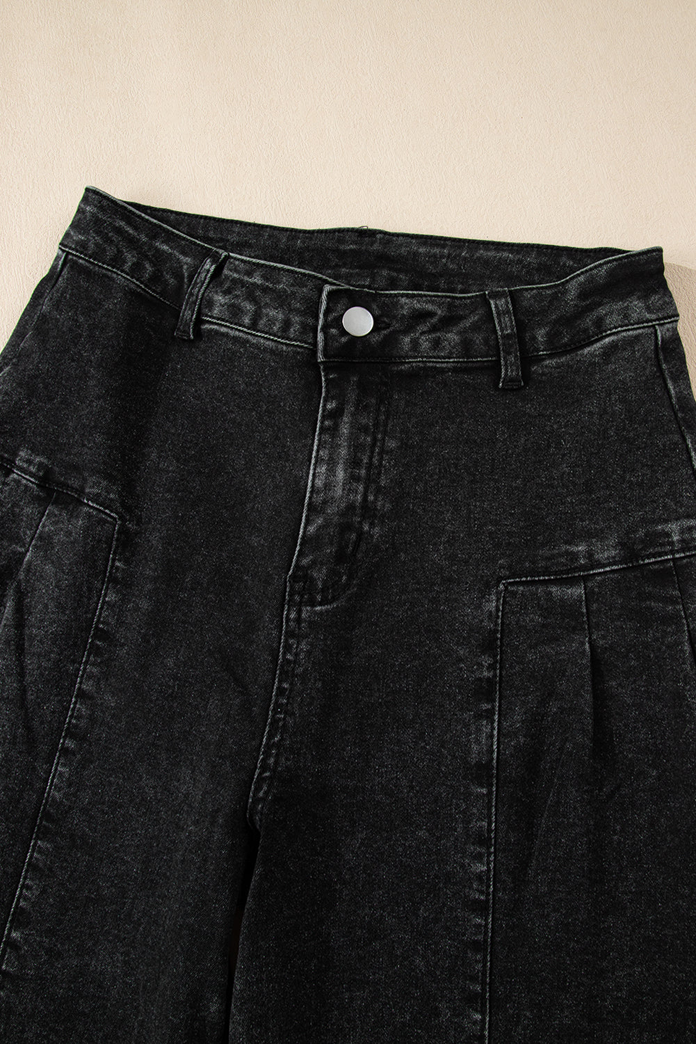 Dark Grey Pleated Wide Leg Mineral Wash Denim Pants